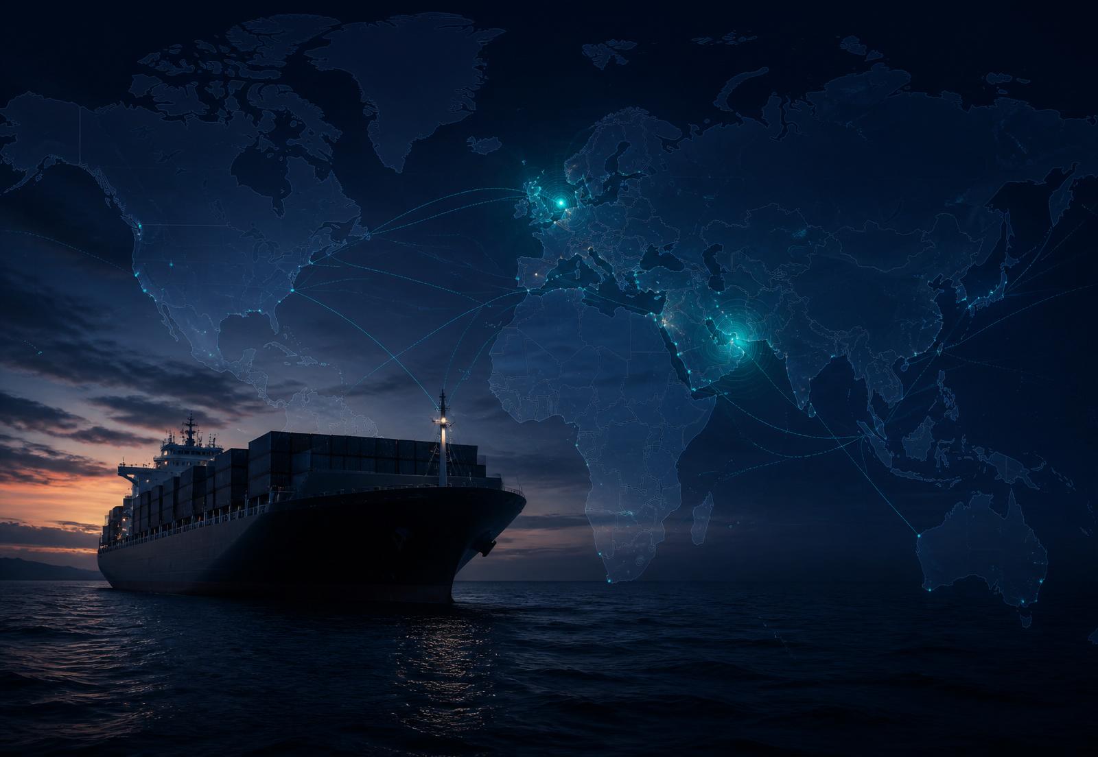 Container ship at dusk with a global shipping route map showing risk concentrations in the Red Sea and North Sea corridors